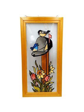 Vintage Bird Suncatcher Wall Art Flower Garden Cottagecore 22 Inch Painted Glass